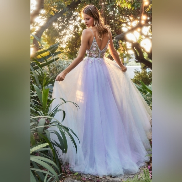 Layered tulle lavender beaded floral design dress with semi open back - Picture 5 of 7